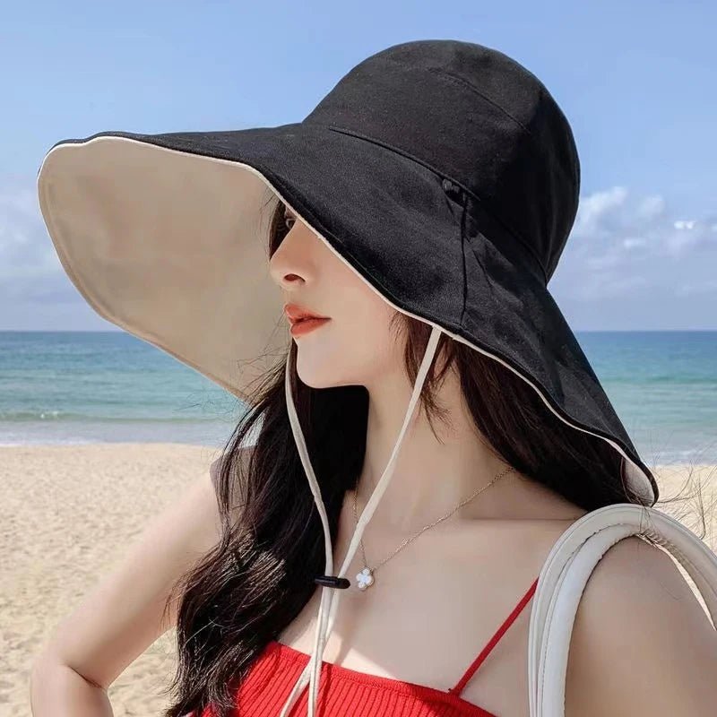 Wide Brim Sun Hat Women Anti - UV Protection Hiking Fisherman Cap Fold Summer Solid Beach Hat Double Sided Sun Hat - PratSN