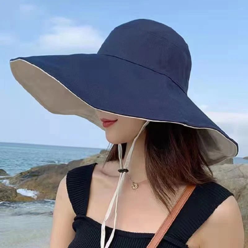 Wide Brim Sun Hat Women Anti - UV Protection Hiking Fisherman Cap Fold Summer Solid Beach Hat Double Sided Sun Hat - PratSN
