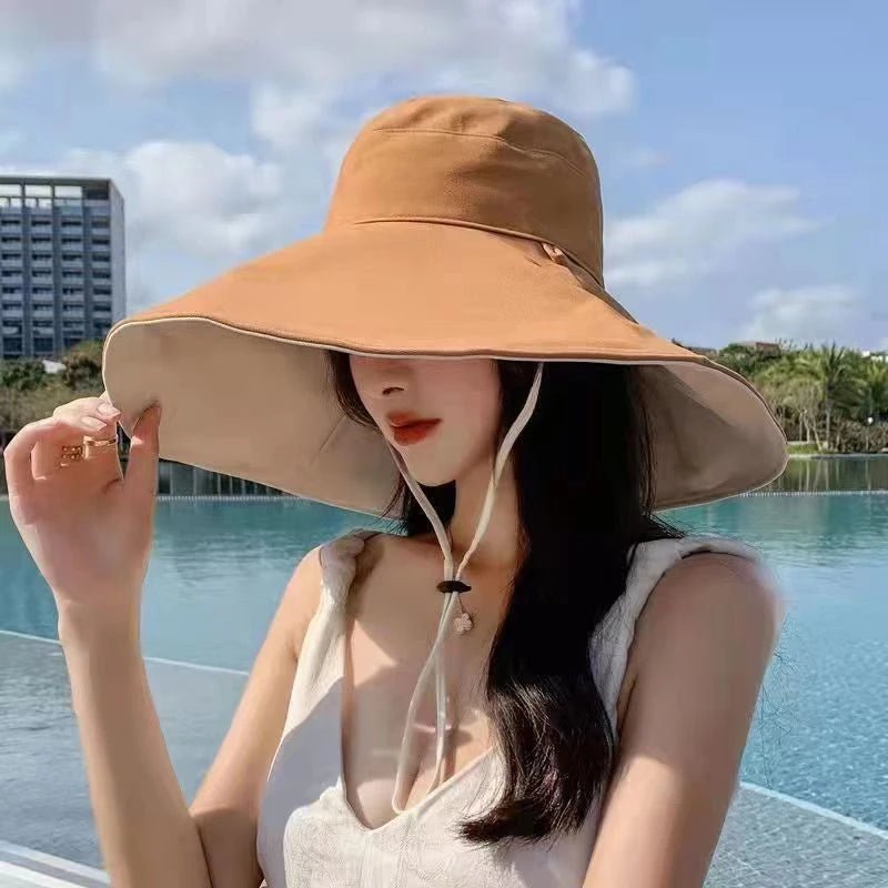Wide Brim Sun Hat Women Anti - UV Protection Hiking Fisherman Cap Fold Summer Solid Beach Hat Double Sided Sun Hat - PratSN