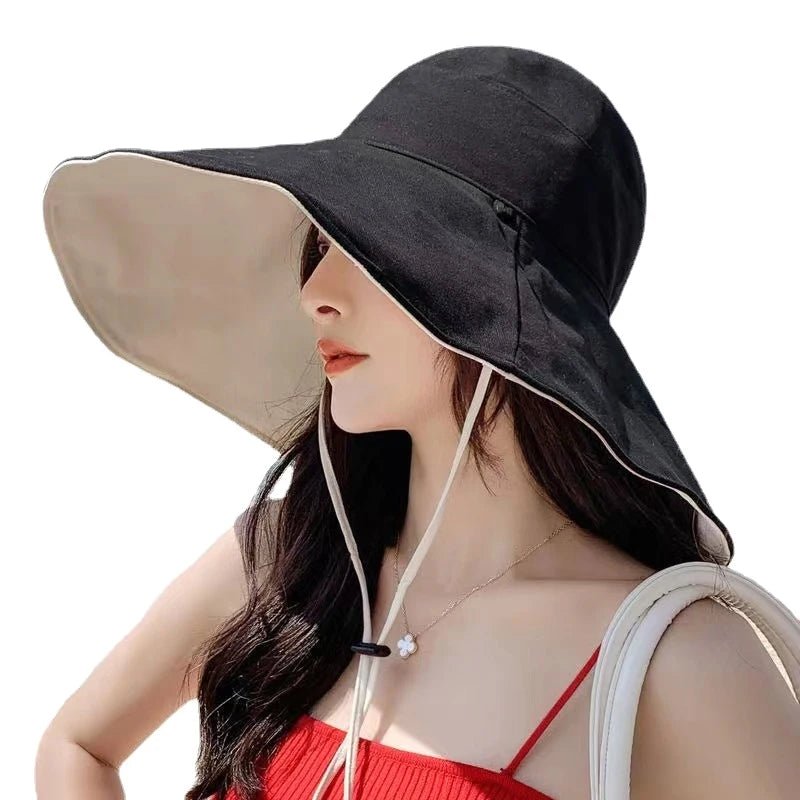 Wide Brim Sun Hat Women Anti - UV Protection Hiking Fisherman Cap Fold Summer Solid Beach Hat Double Sided Sun Hat - PratSN