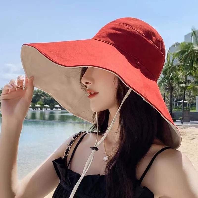 Wide Brim Sun Hat Women Anti - UV Protection Hiking Fisherman Cap Fold Summer Solid Beach Hat Double Sided Sun Hat - PratSN