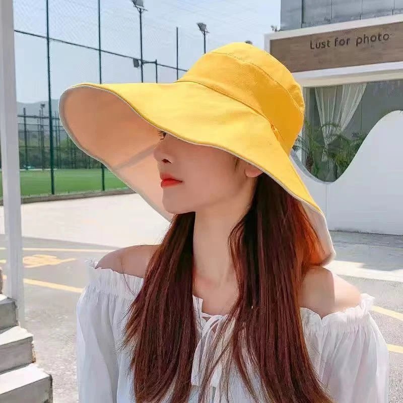 Wide Brim Sun Hat Women Anti - UV Protection Hiking Fisherman Cap Fold Summer Solid Beach Hat Double Sided Sun Hat - PratSN