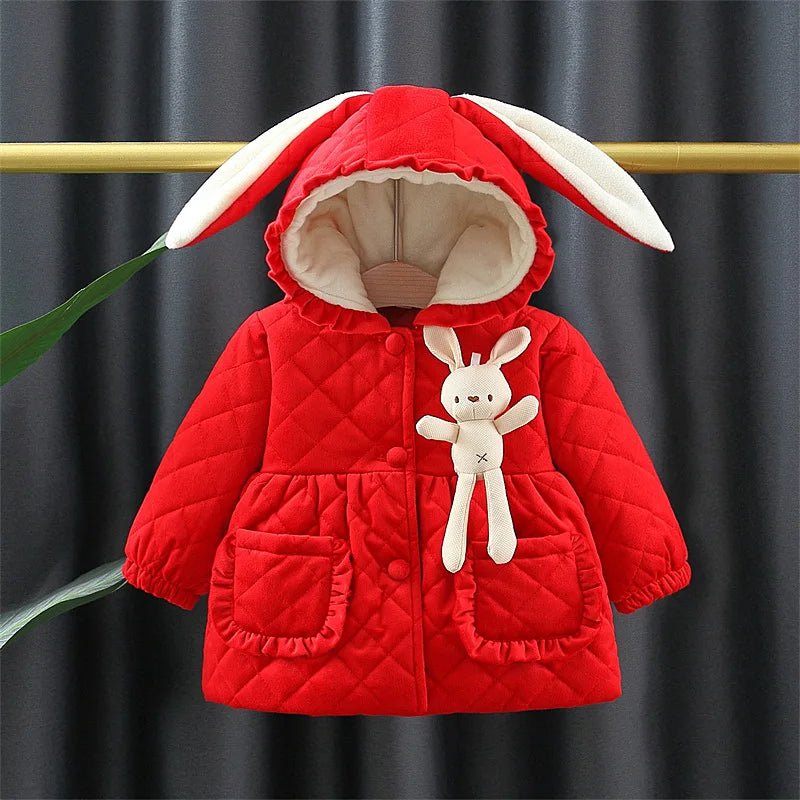 Winter 0 - 3 Girls' Cotton Jacket Girls' 3D Cartoon Rabbit Hooded Ears Solid Color Cute Plush Cotton Coat - PratSN