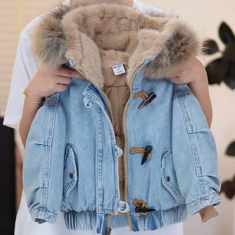 Winter Children Plush Denim Jacket Kid Clothes Plush Thick Zipper Hooded Coat Teen Boys Girls Fashion Cowboys Parka Outerwear - PratSN