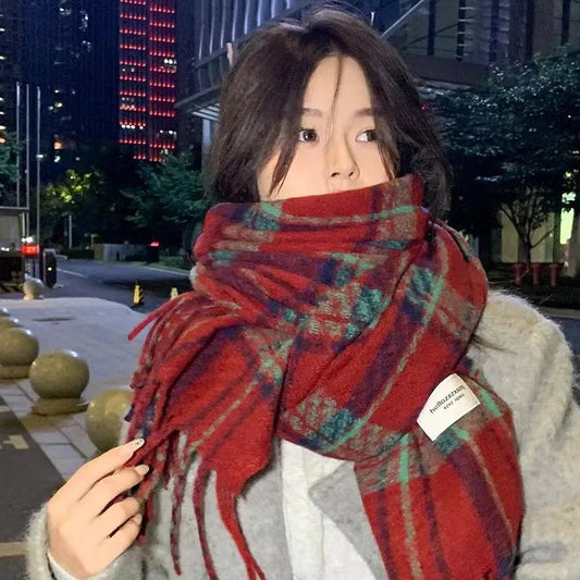 Winter Christmas Scarf for Women Cashmere Warm Red Plaid Pashmina Blanket Wraps Thick Soft Stripes Shawl long Poncho Echarpe - PratSN