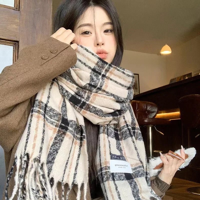 Winter Christmas Scarf for Women Cashmere Warm Red Plaid Pashmina Blanket Wraps Thick Soft Stripes Shawl long Poncho Echarpe - PratSN