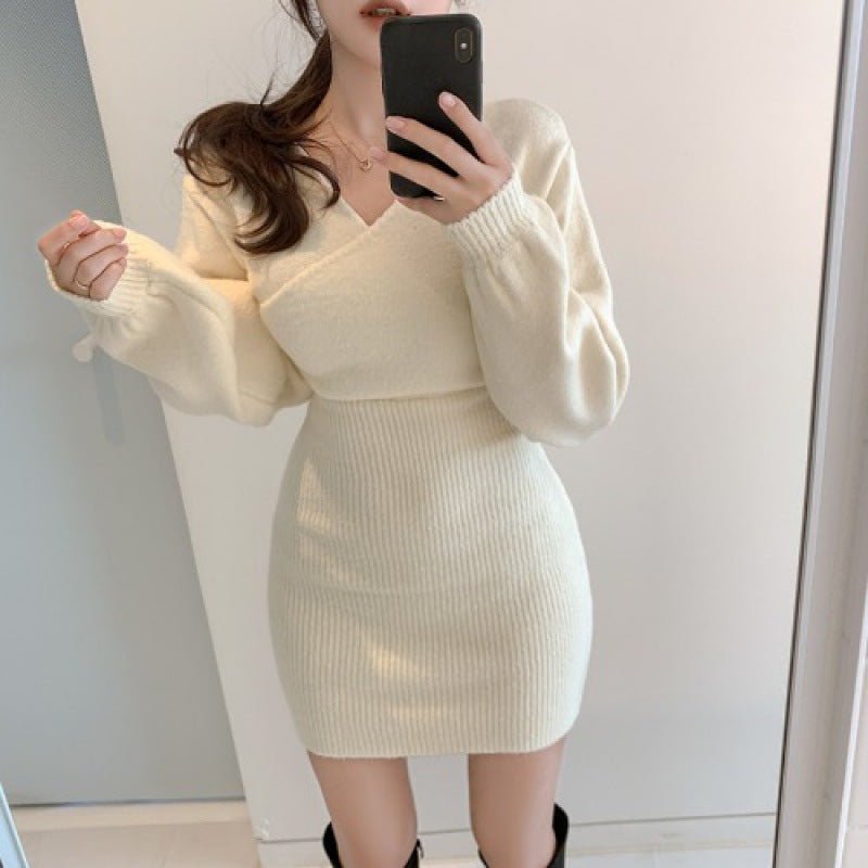 Winter Cross V - neck Women's Knitted Sweater Dress - PratSN