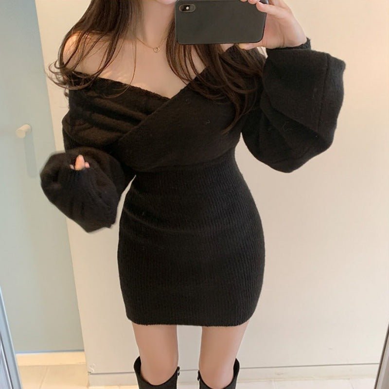Winter Cross V - neck Women's Knitted Sweater Dress - PratSN
