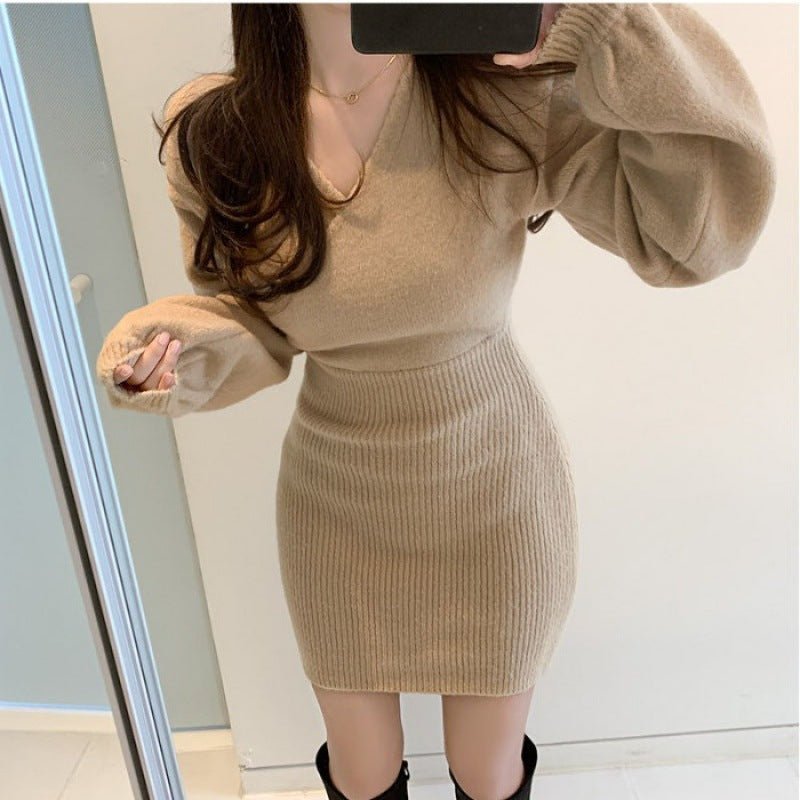 Winter Cross V - neck Women's Knitted Sweater Dress - PratSN