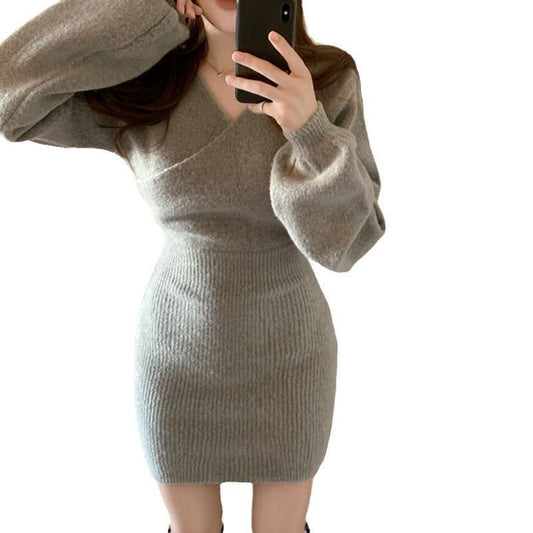Winter Cross V - neck Women's Knitted Sweater Dress - PratSN