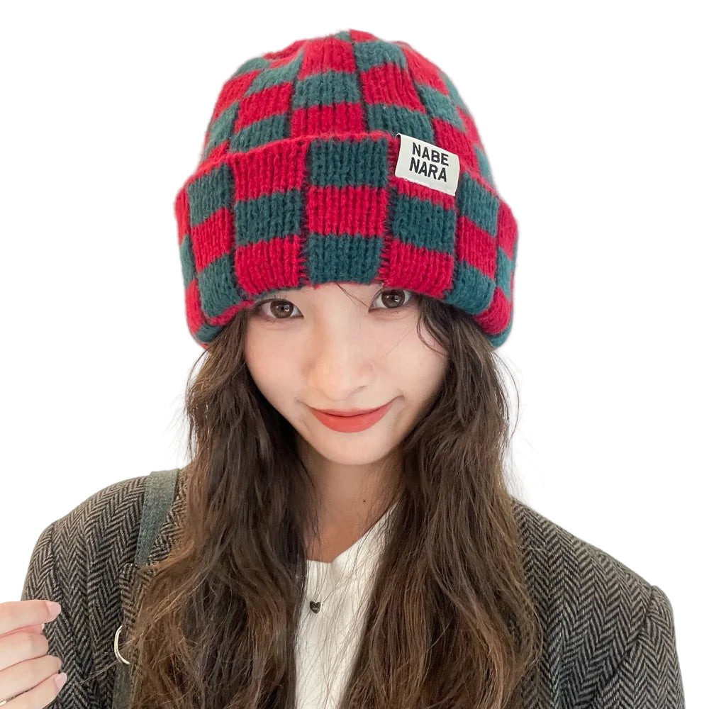 Winter Plaid Knitted Beanies for Women Fashion Pullover Cap Red Green Color Checkerboard Skull Hats Street Casual Beanie Gorras - PratSN