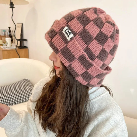 Winter Plaid Knitted Beanies for Women Fashion Pullover Cap Red Green Color Checkerboard Skull Hats Street Casual Beanie Gorras - PratSN