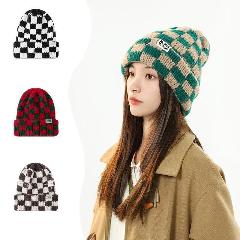 Winter Plaid Knitted Beanies for Women Fashion Pullover Cap Red Green Color Checkerboard Skull Hats Street Casual Beanie Gorras - PratSN