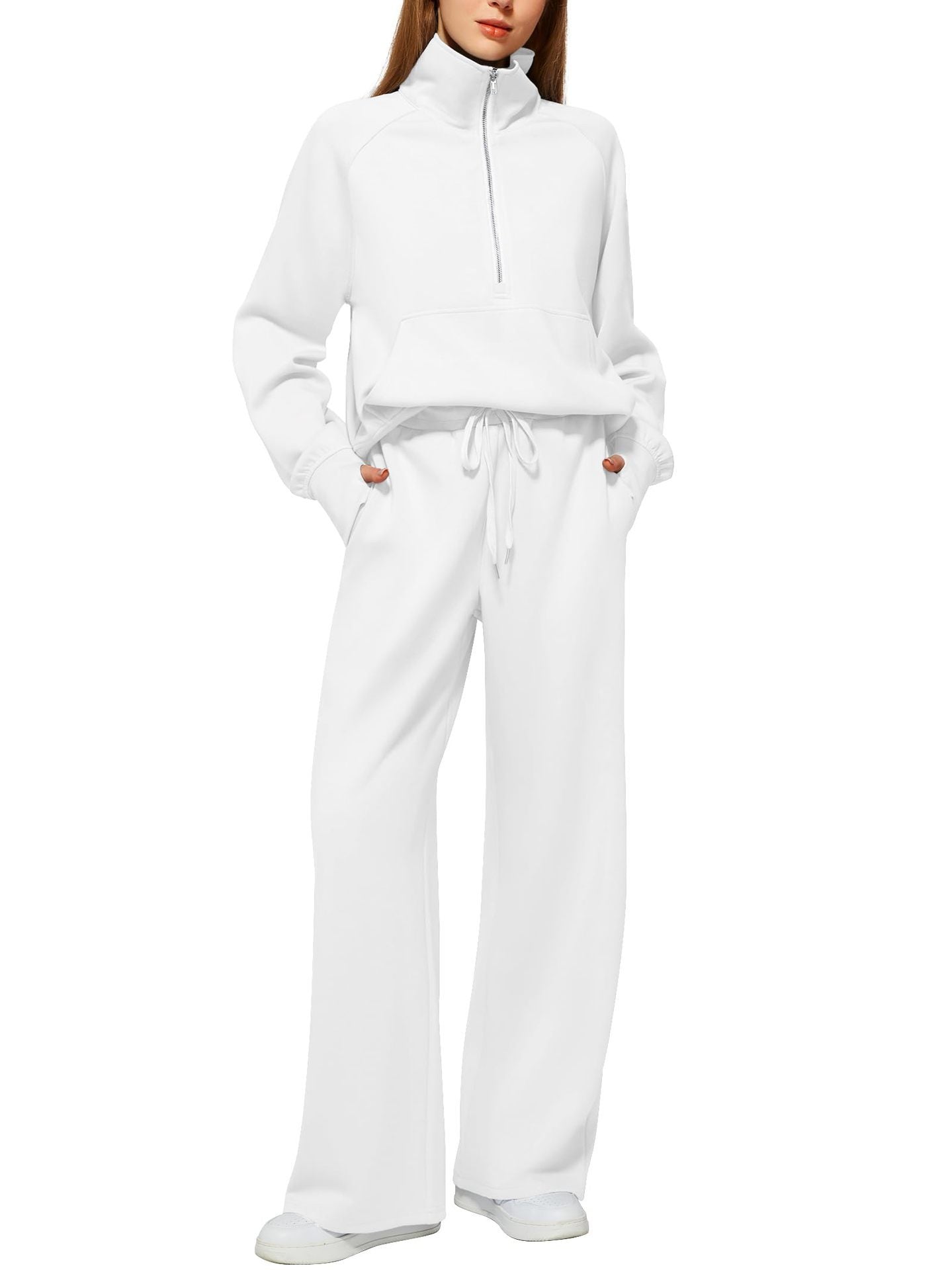 Woman's Solid Color Half Zip Long Sleeve Sweatshirt And Wide Leg Pants Set Casual Sporty Two Piece Outfit Suit - PratSN