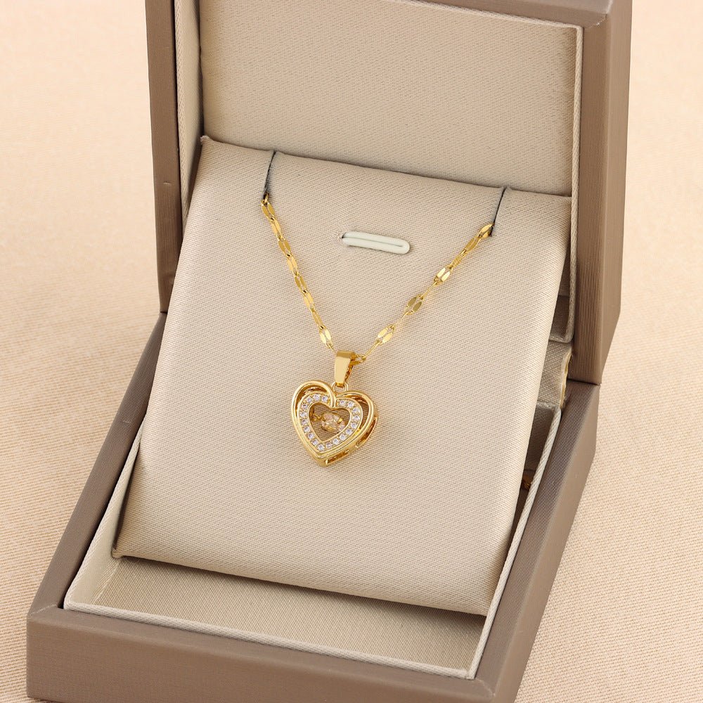 Woman's Valentine's Day Gift Double - layer Love Necklace With Rhinestones, Titanium Steel Pendant - PratSN