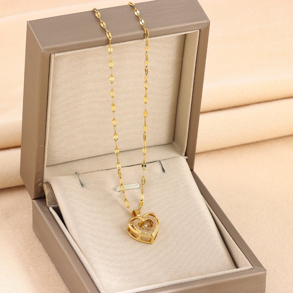 Woman's Valentine's Day Gift Double - layer Love Necklace With Rhinestones, Titanium Steel Pendant - PratSN