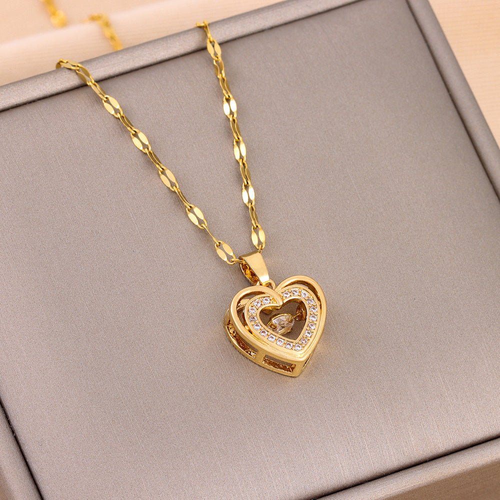Woman's Valentine's Day Gift Double - layer Love Necklace With Rhinestones, Titanium Steel Pendant - PratSN