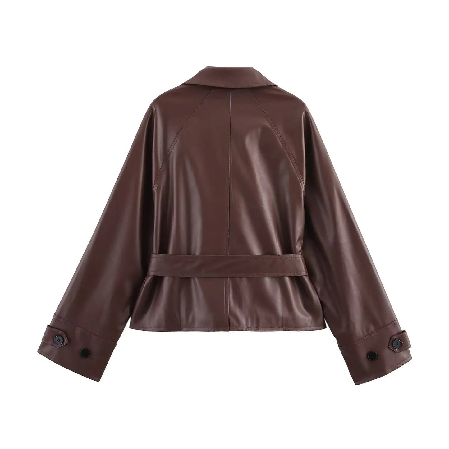Women 2025 Spring New Fashion Imitation Leather Short Trench Coat Vintage Long Sleeve Pockets Casual Female Outerwear Chic Tops - PratSN