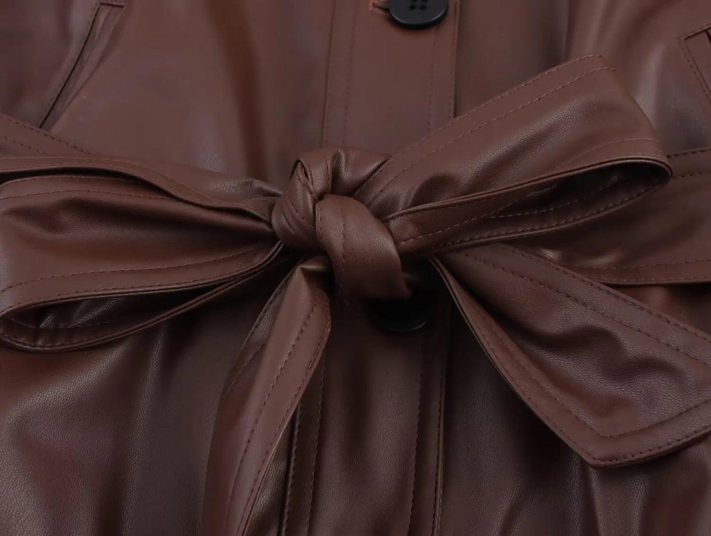 Women 2025 Spring New Fashion Imitation Leather Short Trench Coat Vintage Long Sleeve Pockets Casual Female Outerwear Chic Tops - PratSN