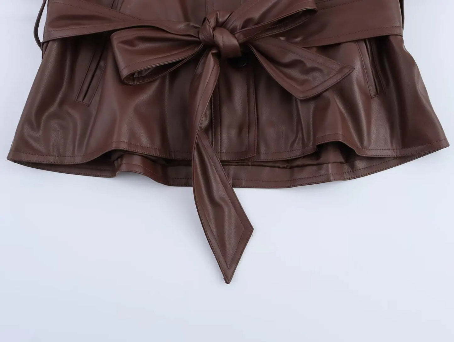 Women 2025 Spring New Fashion Imitation Leather Short Trench Coat Vintage Long Sleeve Pockets Casual Female Outerwear Chic Tops - PratSN