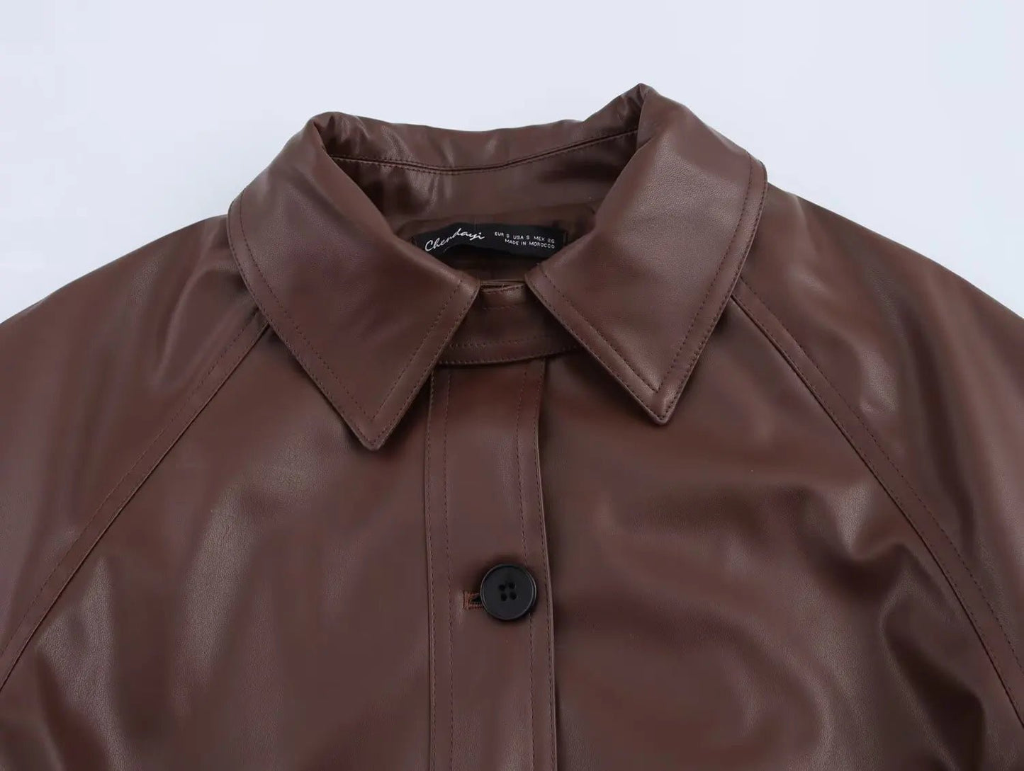 Women 2025 Spring New Fashion Imitation Leather Short Trench Coat Vintage Long Sleeve Pockets Casual Female Outerwear Chic Tops - PratSN