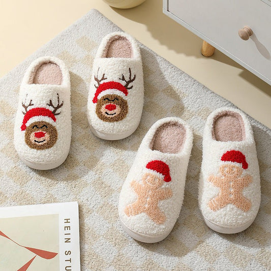 Women And Men Couples Winter Warm Furry Shoes Christmas Home Slippers Cute Cartoon Santa Claus Cotton Slippers - PratSN
