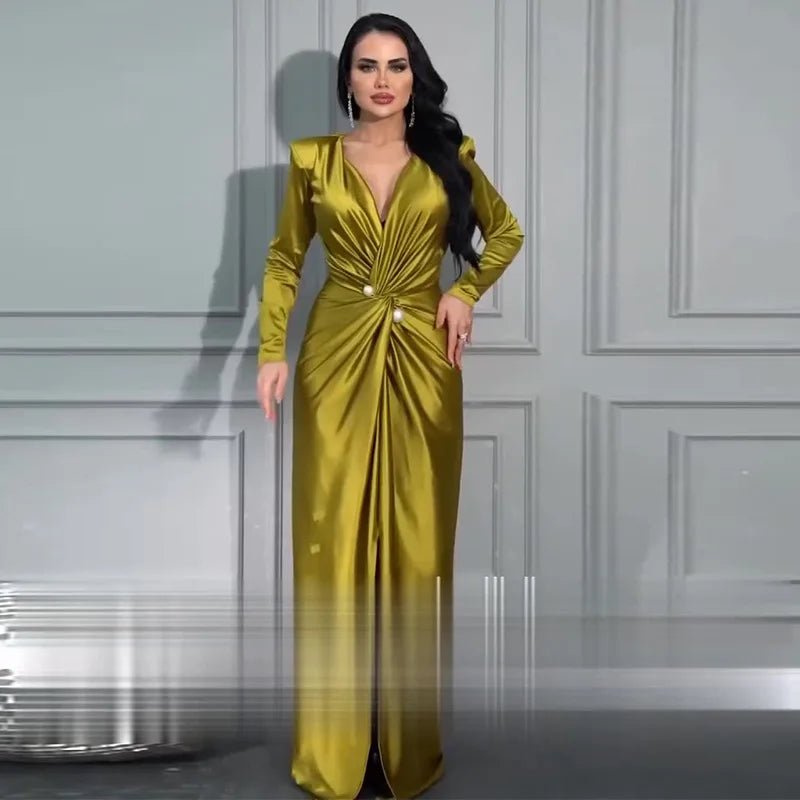 Women Elegant Dress V Neck Folds Tight Waist Evening Dresses Solid A Line Pleated Splice Full Sleeve Vestidos Party Prom - PratSN