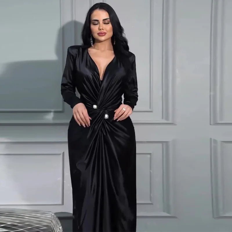 Women Elegant Dress V Neck Folds Tight Waist Evening Dresses Solid A Line Pleated Splice Full Sleeve Vestidos Party Prom - PratSN