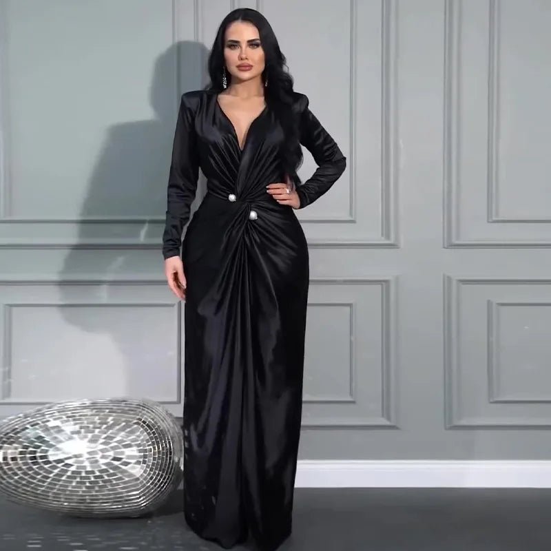 Women Elegant Dress V Neck Folds Tight Waist Evening Dresses Solid A Line Pleated Splice Full Sleeve Vestidos Party Prom - PratSN