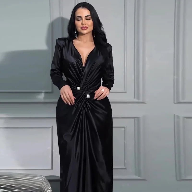 Women Elegant Dress V Neck Folds Tight Waist Evening Dresses Solid A Line Pleated Splice Full Sleeve Vestidos Party Prom - PratSN