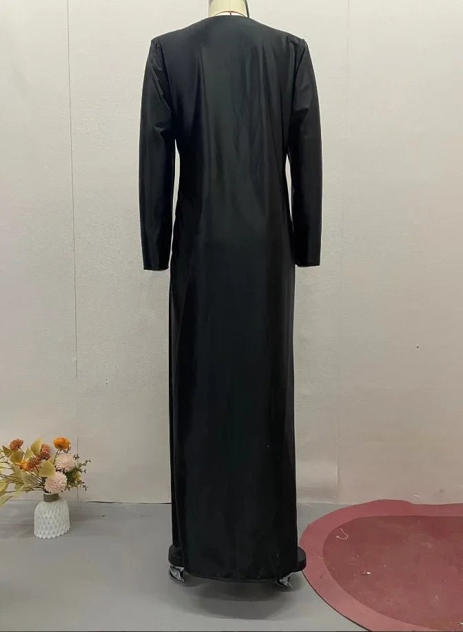 Women Elegant Dress V Neck Folds Tight Waist Evening Dresses Solid A Line Pleated Splice Full Sleeve Vestidos Party Prom - PratSN