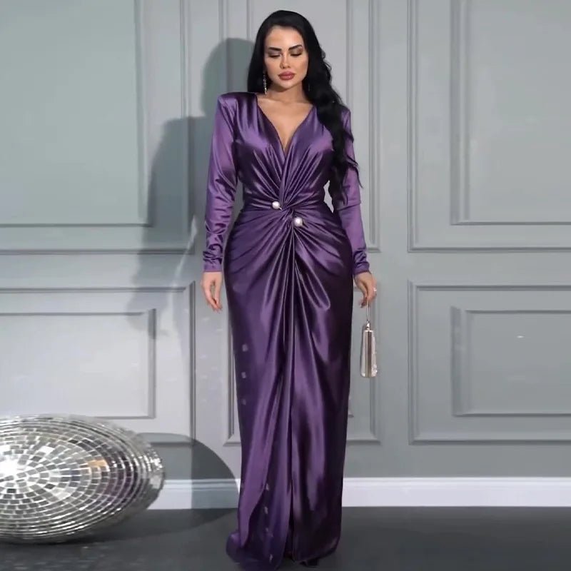 Women Elegant Dress V Neck Folds Tight Waist Evening Dresses Solid A Line Pleated Splice Full Sleeve Vestidos Party Prom - PratSN
