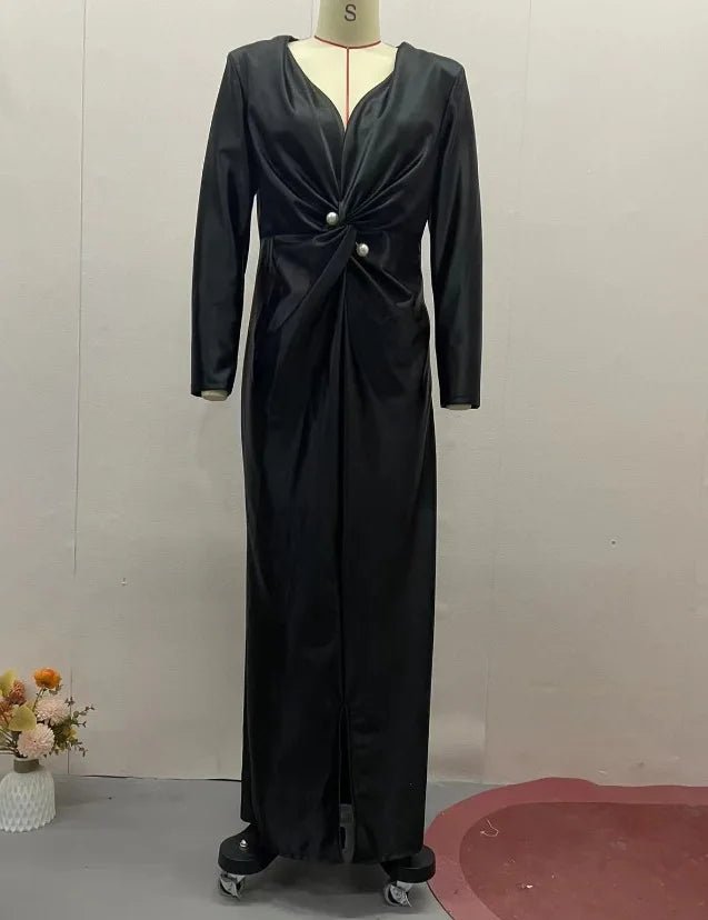 Women Elegant Dress V Neck Folds Tight Waist Evening Dresses Solid A Line Pleated Splice Full Sleeve Vestidos Party Prom - PratSN
