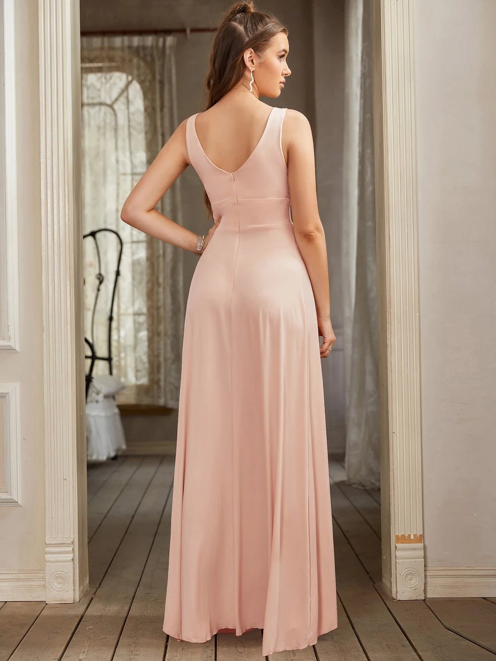 Women Evening Dresses Formal Occasion Sexy Split V Neck Backless Sleeveless Cocktail Dresses Wedding Party Prom Gowns Bridesmaid - PratSN