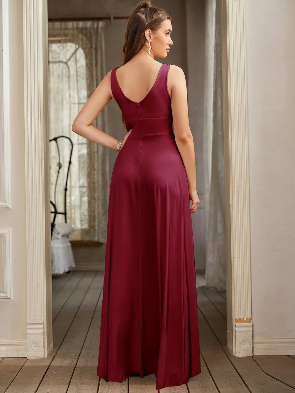 Women Evening Dresses Formal Occasion Sexy Split V Neck Backless Sleeveless Cocktail Dresses Wedding Party Prom Gowns Bridesmaid - PratSN