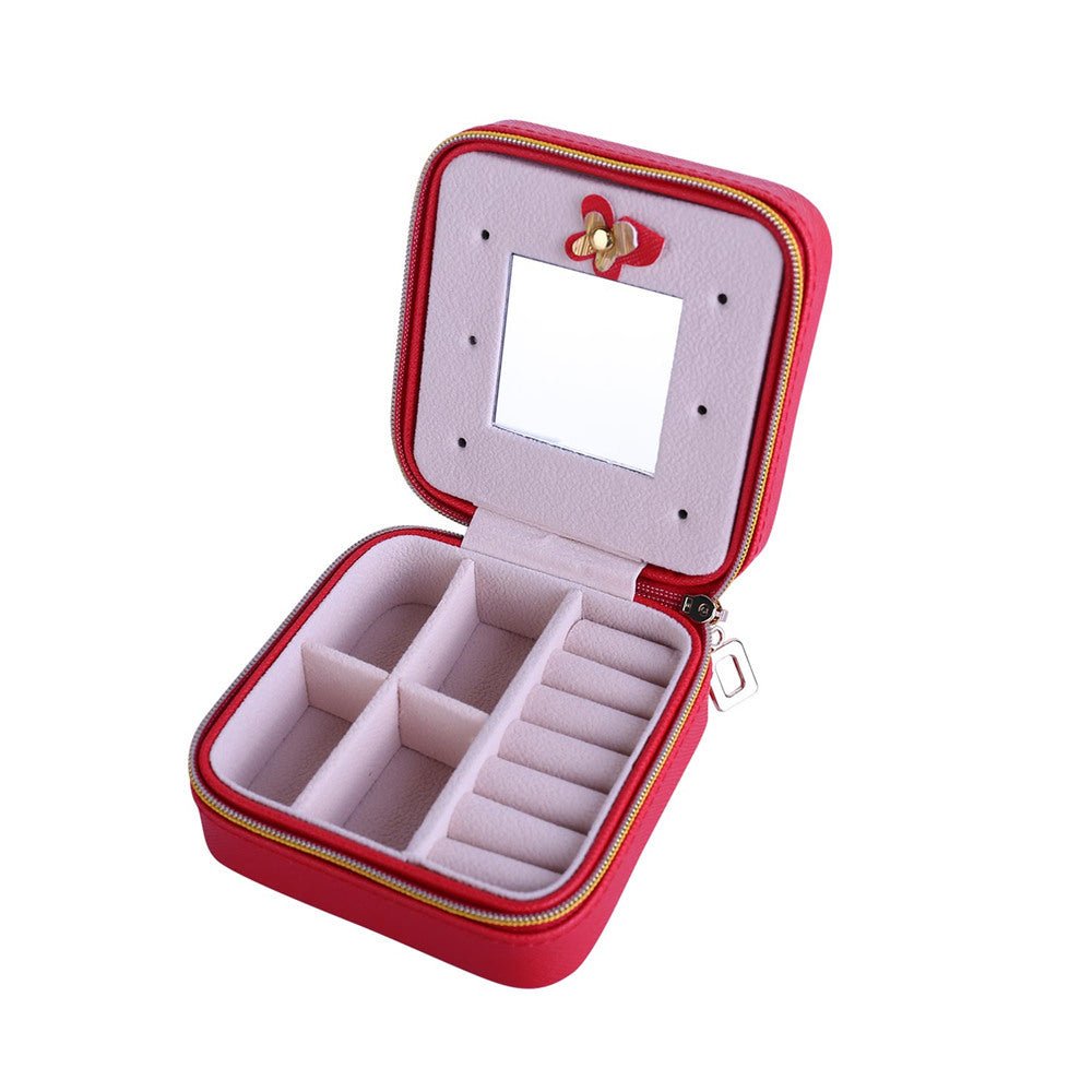 Women Jewelry Organizer Box PU Leather Travel Makeup Cosmetic Case with Mirror & Zipper - PratSN