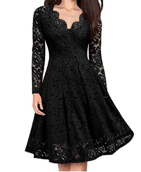 Women Lace A - Line Dress Spring Autumn V Neck Long Sleeve Lace Crochet Patchwork Wine - red Slim Party Dresses - PratSN