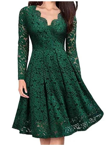 Women Lace A - Line Dress Spring Autumn V Neck Long Sleeve Lace Crochet Patchwork Wine - red Slim Party Dresses - PratSN