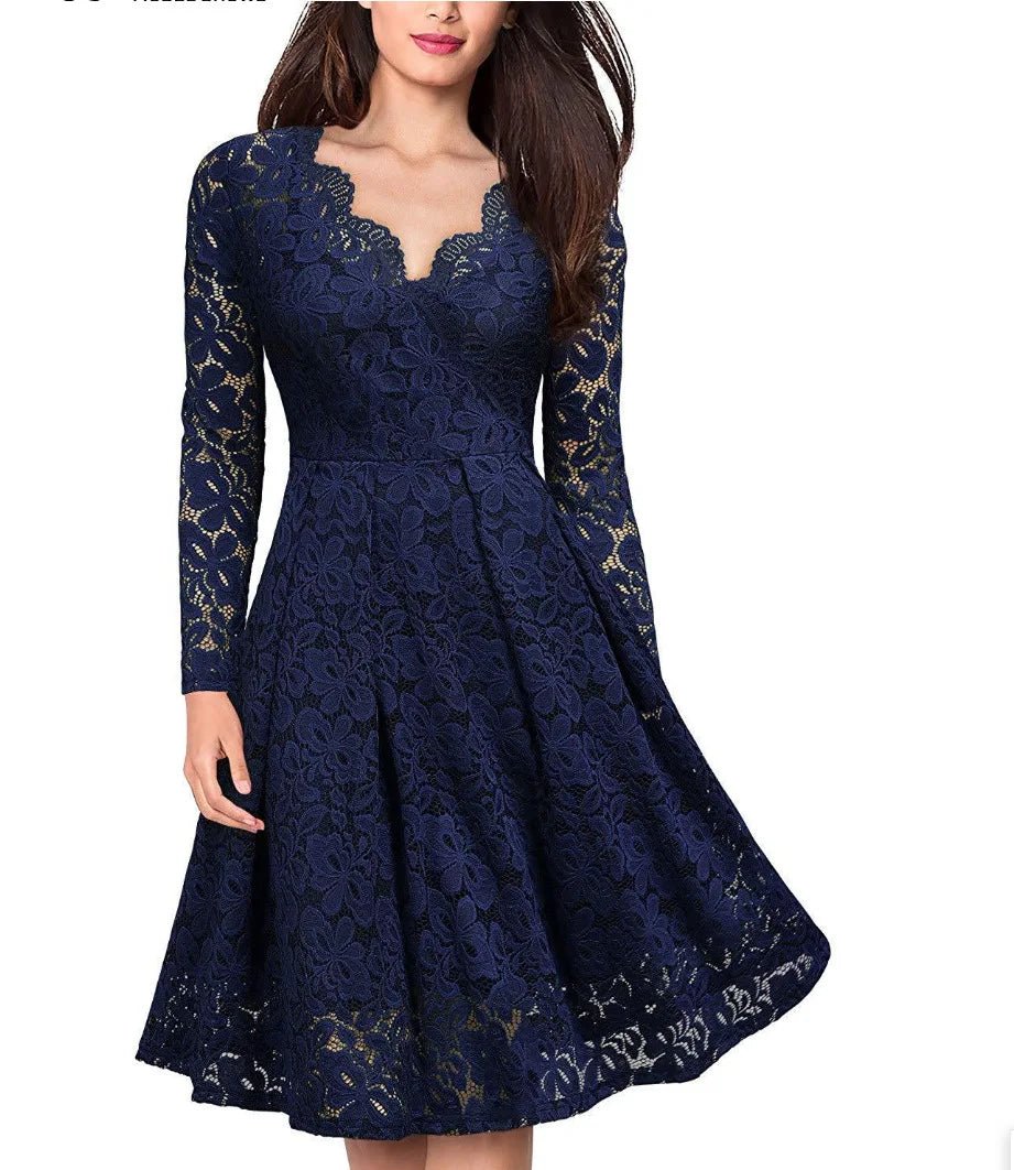 Women Lace A - Line Dress Spring Autumn V Neck Long Sleeve Lace Crochet Patchwork Wine - red Slim Party Dresses - PratSN