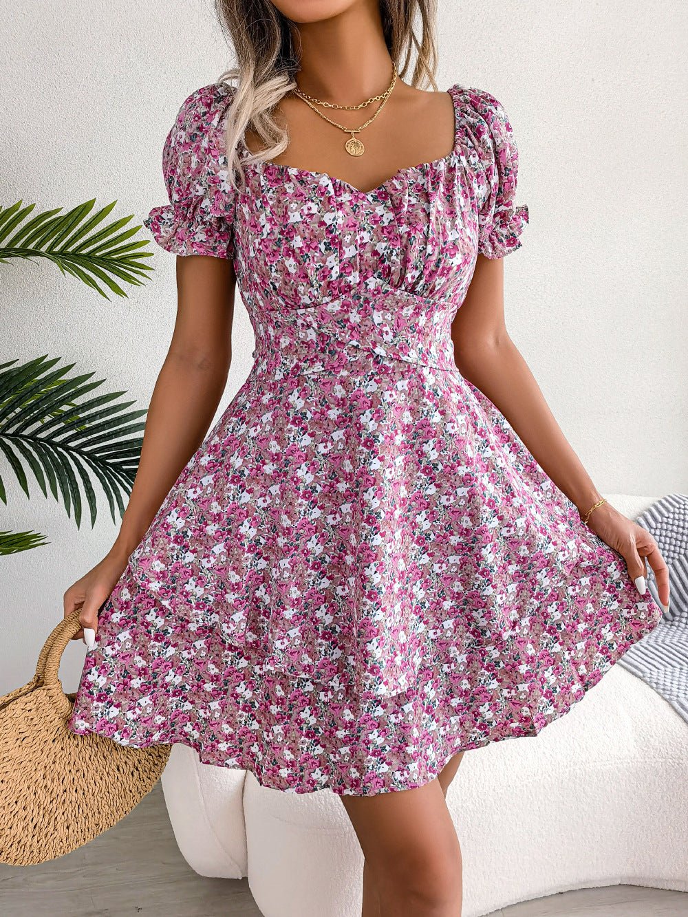Women Mini Dress Temperament Big Swing Loose Hem Flower Print Shirring Dress Up Short Sleeves High Waist Summer Dress Clothes - PratSN