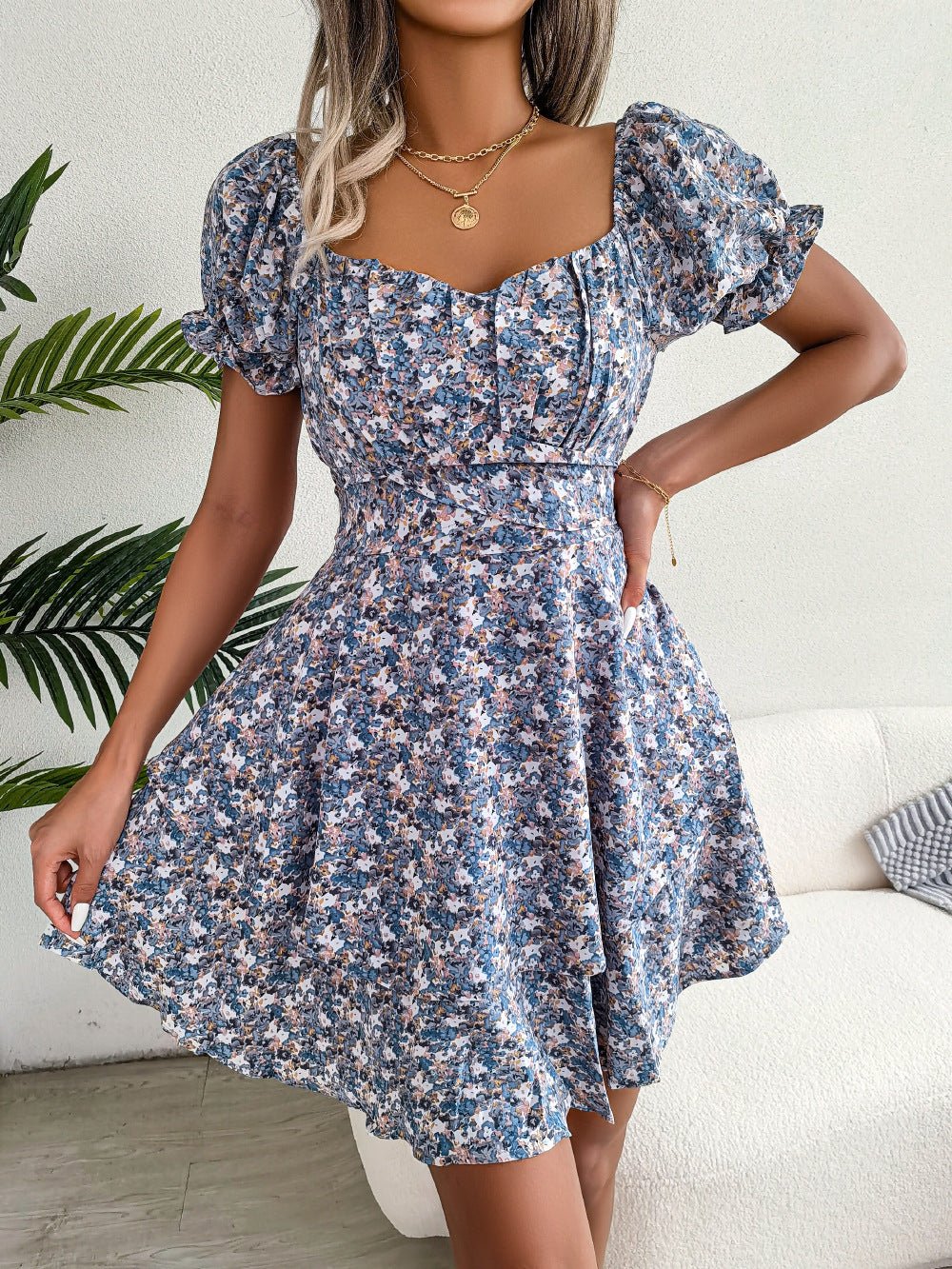 Women Mini Dress Temperament Big Swing Loose Hem Flower Print Shirring Dress Up Short Sleeves High Waist Summer Dress Clothes - PratSN