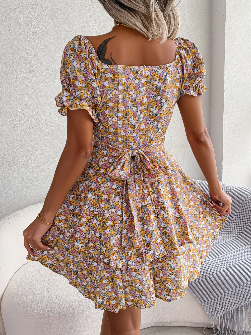 Women Mini Dress Temperament Big Swing Loose Hem Flower Print Shirring Dress Up Short Sleeves High Waist Summer Dress Clothes - PratSN