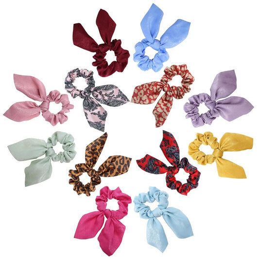 Women Silk Scrunchies Elastic Hair Ties Rabbit Ears Floral Leopard Print Hair Band Ponytail Hair Ropes Girls Accessories - PratSN