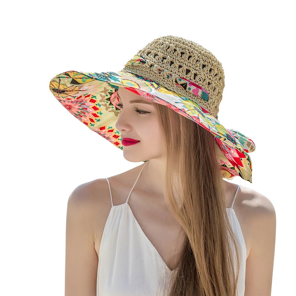 Women Spring Summer Wide Brim Folding Straw Hat for Beach Holiday Lady Bohemian Style Flower Sun Protection Cap with Bow Tie New - PratSN