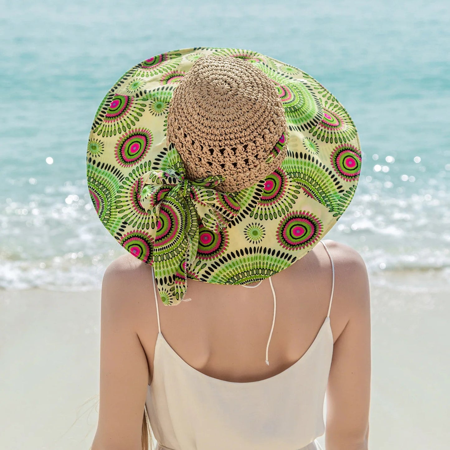 Women Spring Summer Wide Brim Folding Straw Hat for Beach Holiday Lady Bohemian Style Flower Sun Protection Cap with Bow Tie New - PratSN