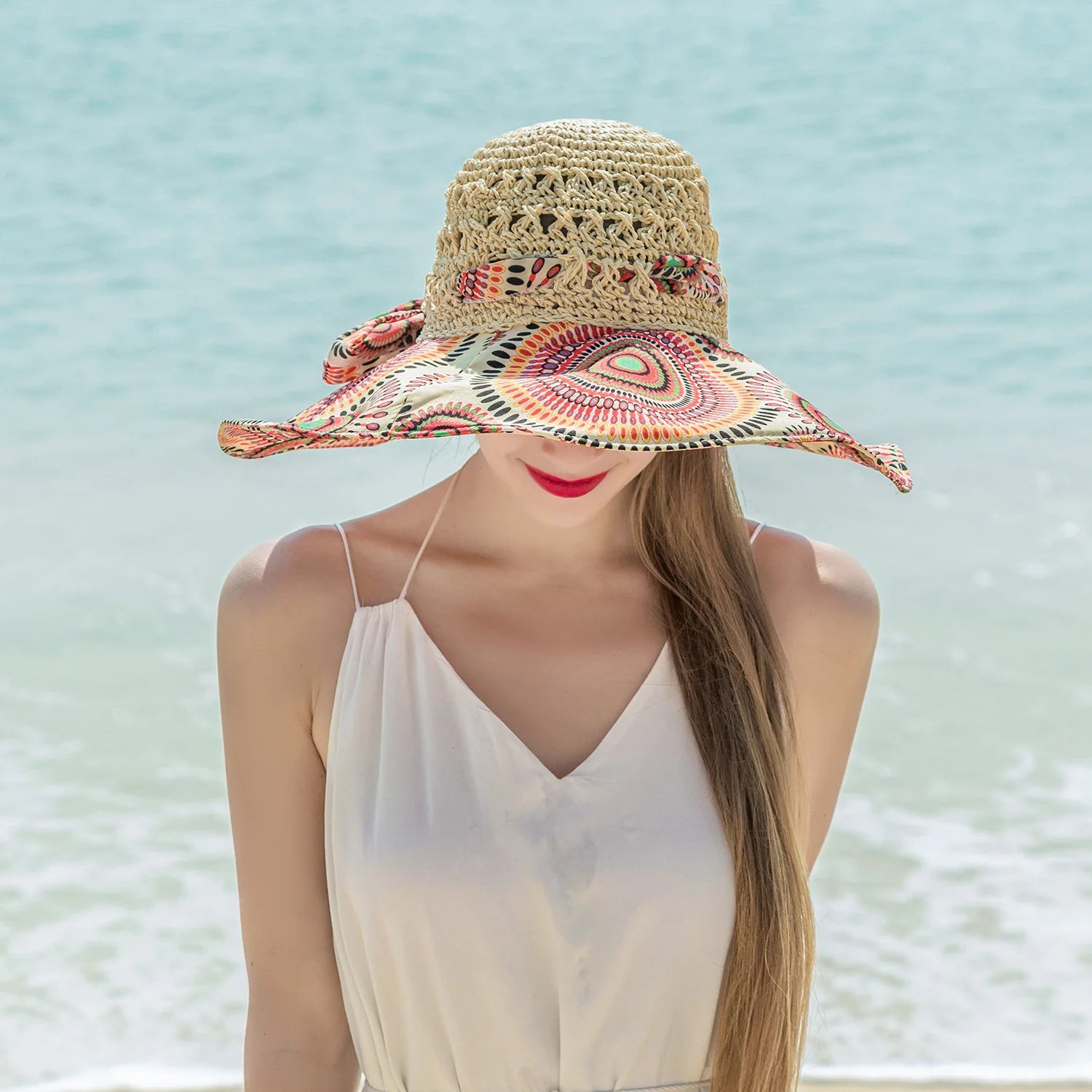 Women Spring Summer Wide Brim Folding Straw Hat for Beach Holiday Lady Bohemian Style Flower Sun Protection Cap with Bow Tie New - PratSN