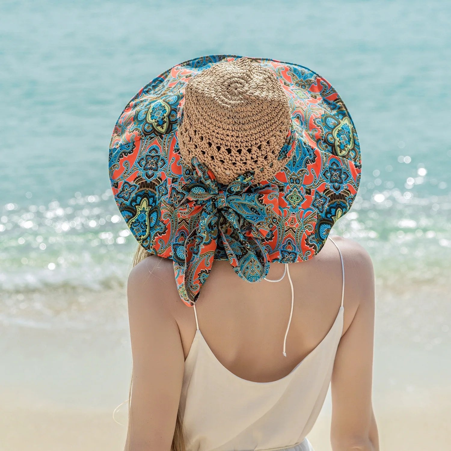 Women Spring Summer Wide Brim Folding Straw Hat for Beach Holiday Lady Bohemian Style Flower Sun Protection Cap with Bow Tie New - PratSN