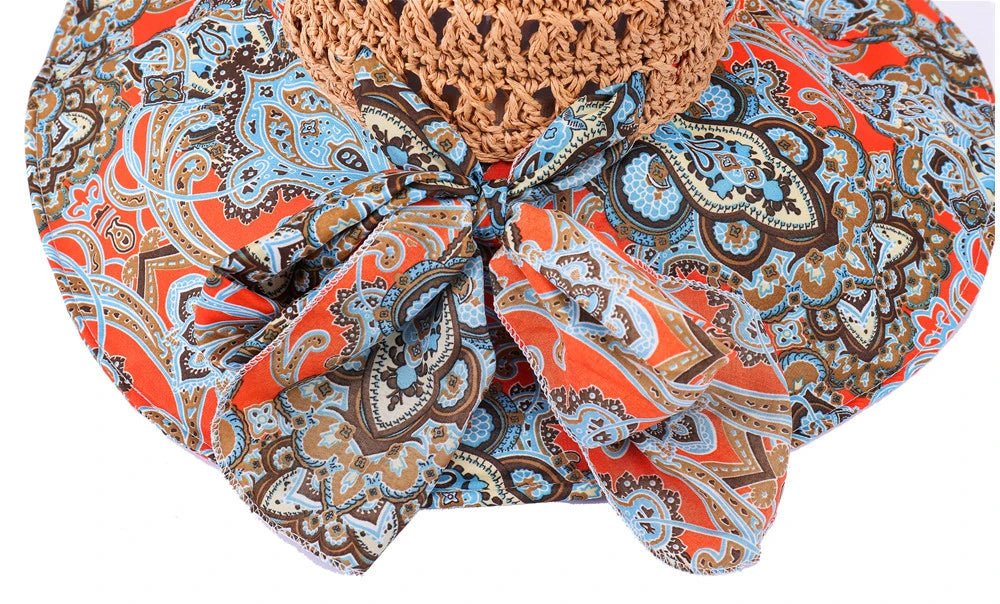 Women Spring Summer Wide Brim Folding Straw Hat for Beach Holiday Lady Bohemian Style Flower Sun Protection Cap with Bow Tie New - PratSN