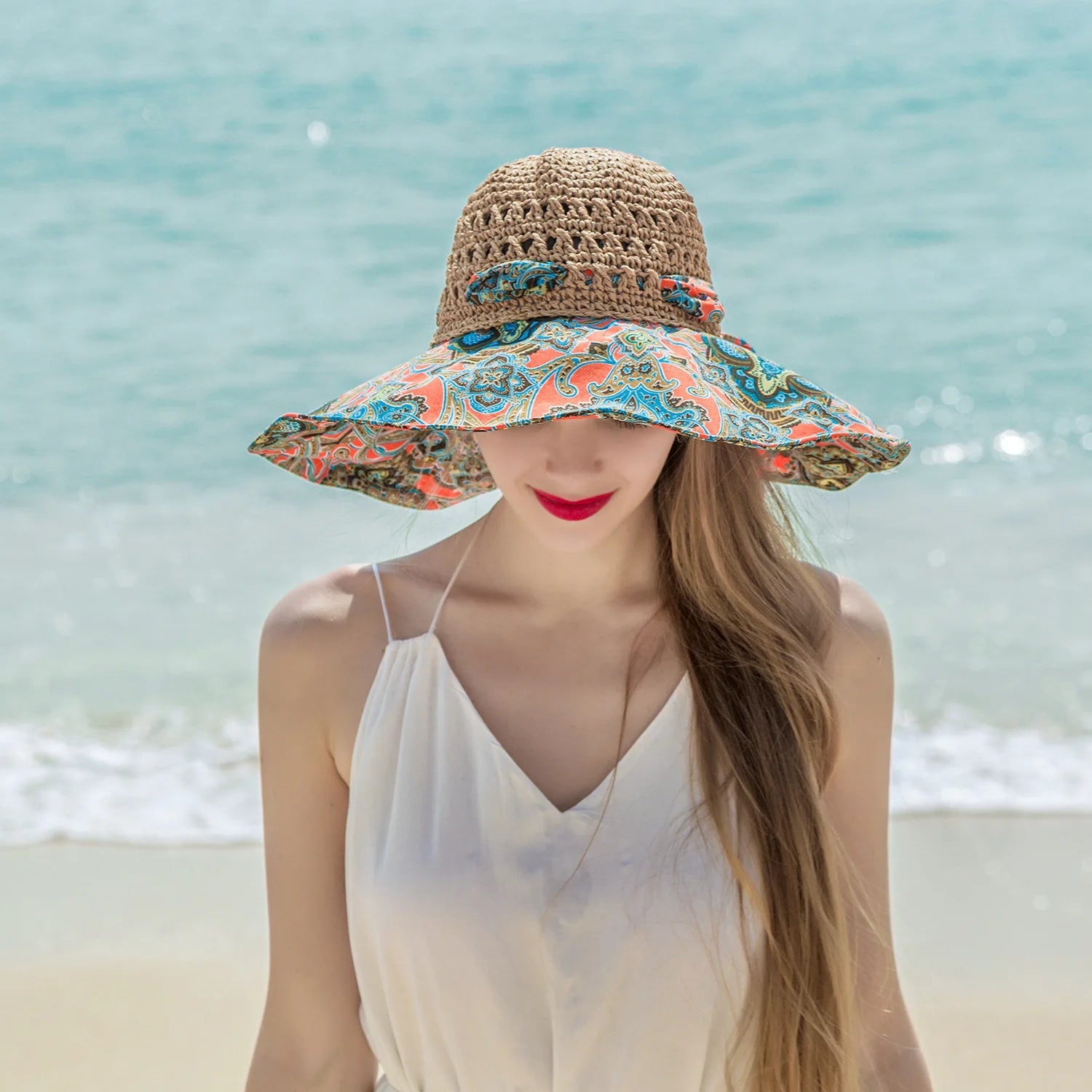 Women Spring Summer Wide Brim Folding Straw Hat for Beach Holiday Lady Bohemian Style Flower Sun Protection Cap with Bow Tie New - PratSN