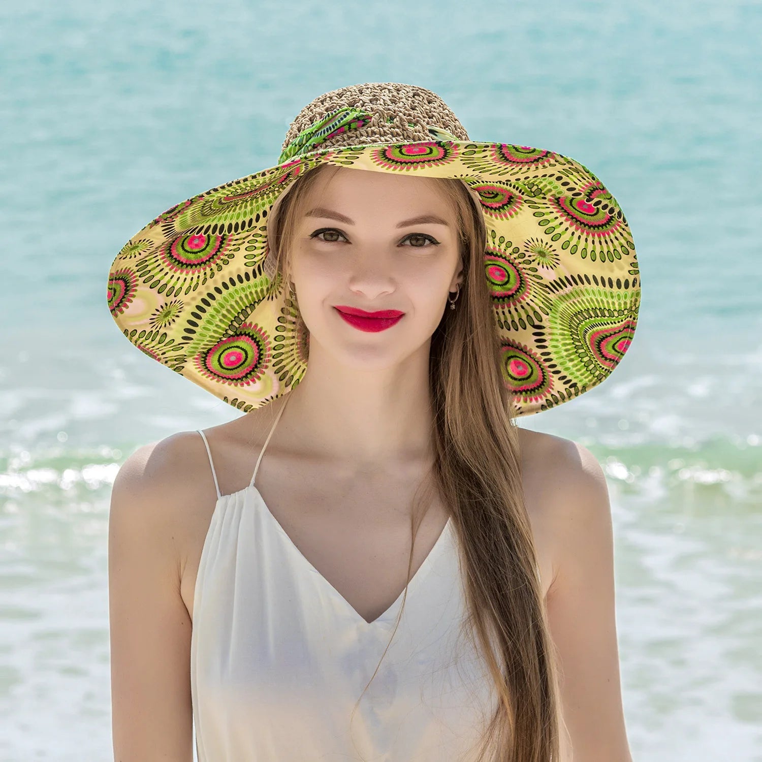 Women Spring Summer Wide Brim Folding Straw Hat for Beach Holiday Lady Bohemian Style Flower Sun Protection Cap with Bow Tie New - PratSN